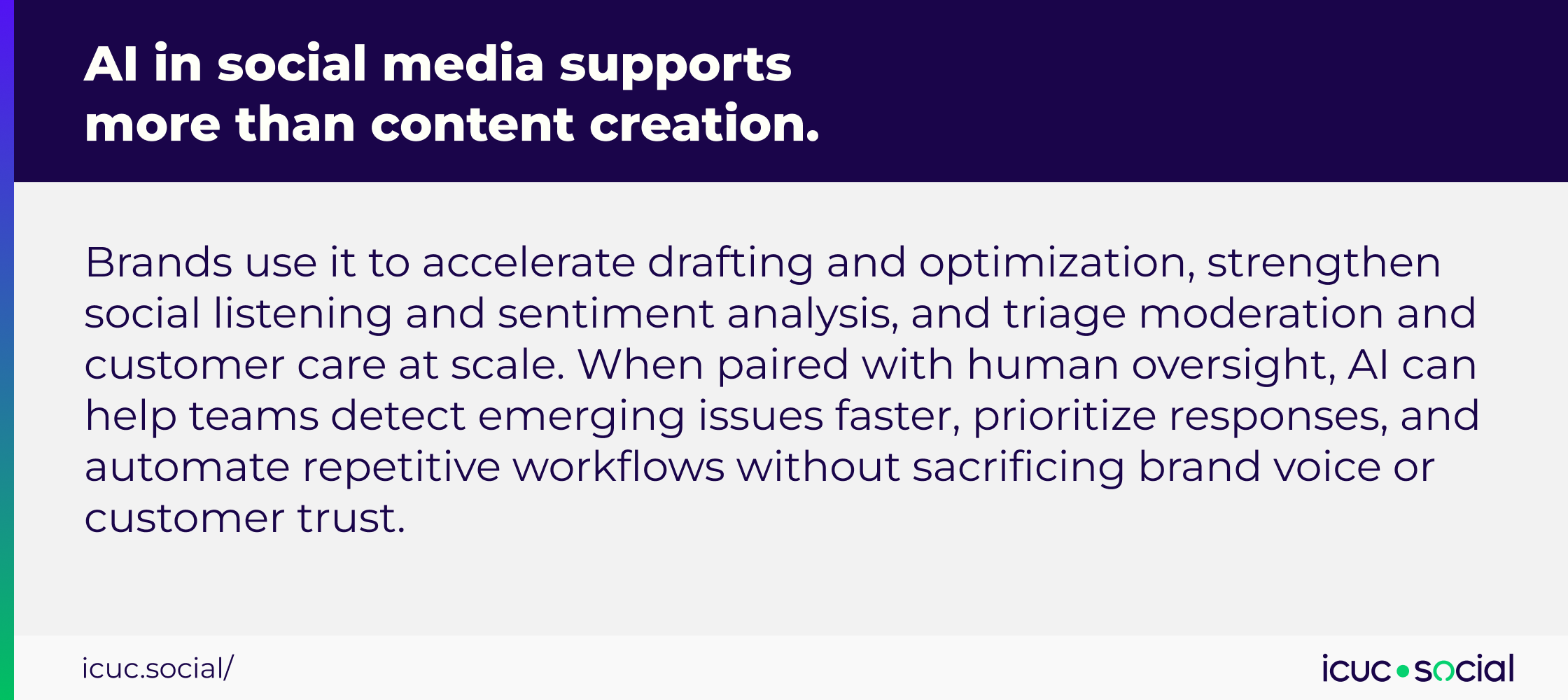 AI in social media supports more than content creation. Brands use it to accelerate drafting and optimization, strengthen social listening and sentiment analysis, and triage moderation and customer care at scale. When paired with human oversight, AI can help teams detect emerging issues faster, prioritize responses, and automate repetitive workflows without sacrificing brand voice or customer trust.