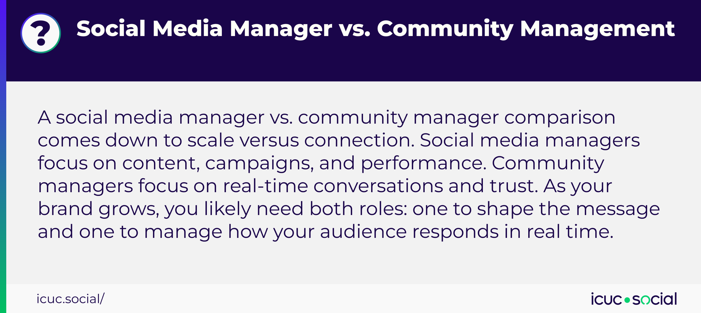A social media manager vs. community manager comparison comes down to scale versus connection. Social media managers focus on content, campaigns, and performance. Community managers focus on real-time conversations and trust. As your brand grows, you likely need both roles: one to shape the message and one to manage how your audience responds in real time.