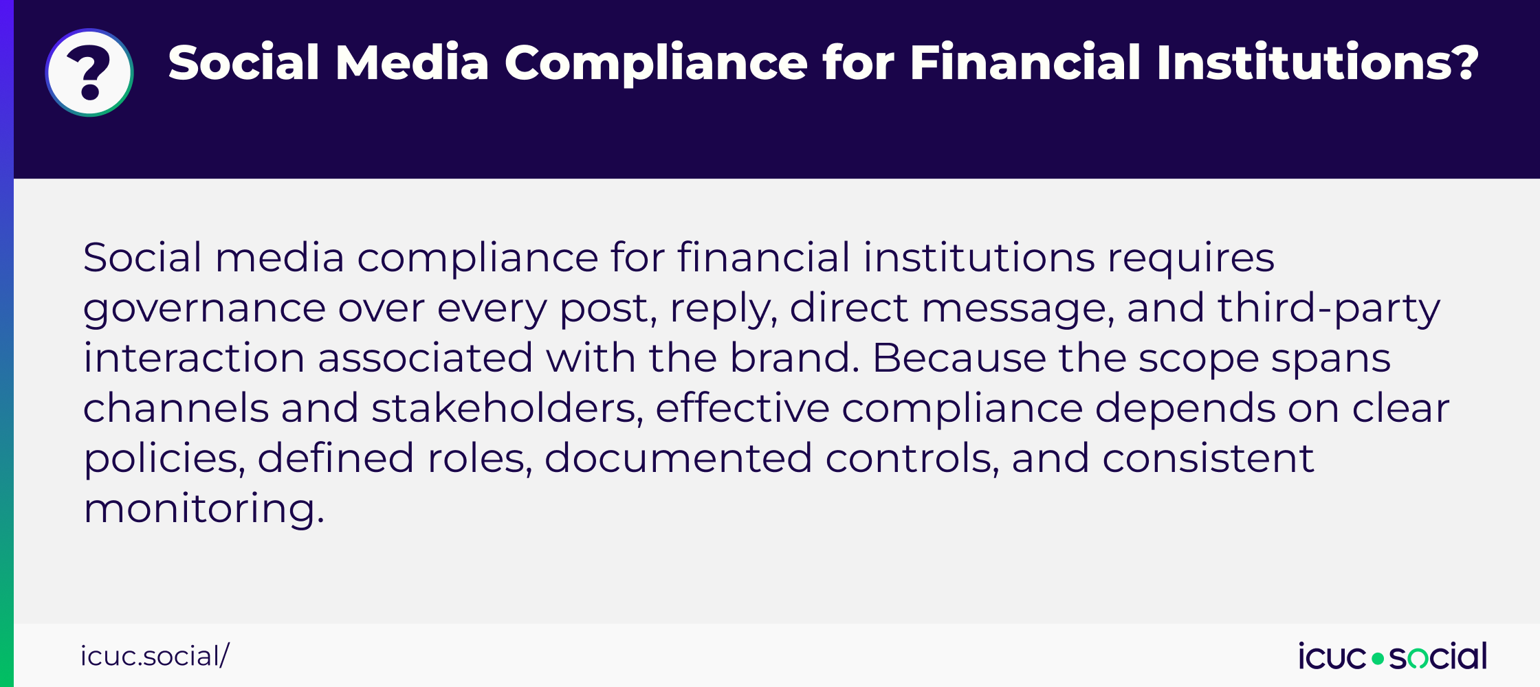Social media compliance for financial institutions requires governance over every post, reply, direct message, and third-party interaction associated with the brand. Because the scope spans channels and stakeholders, effective compliance depends on clear policies, defined roles, documented controls, and consistent monitoring.