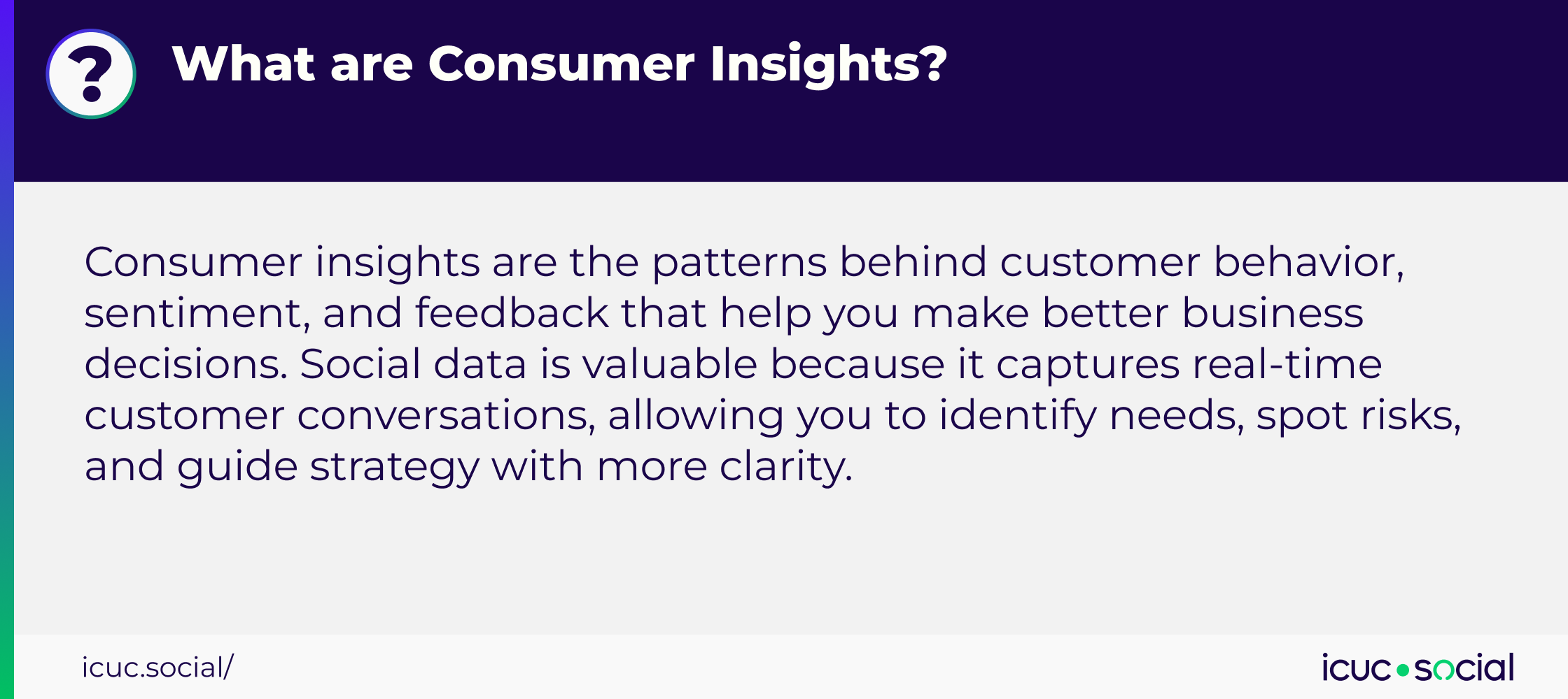 What are Consumer Insights? Consumer insights are the patterns behind customer behavior, sentiment, and feedback that help you make better business decisions. Social data is valuable because it captures real-time customer conversations, allowing you to identify needs, spot risks, and guide strategy with more clarity.